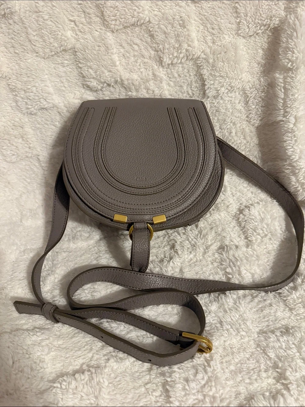 Chloe Gray Leather Crossbody Saddle Bag with Gold Accents